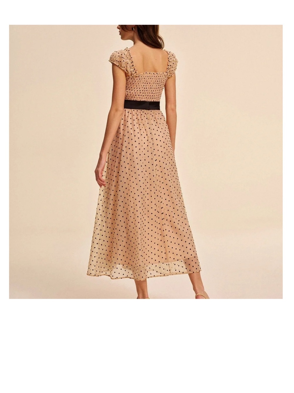 Commense Nude Polka Dot Midi Dress with Black Waistband NWOT